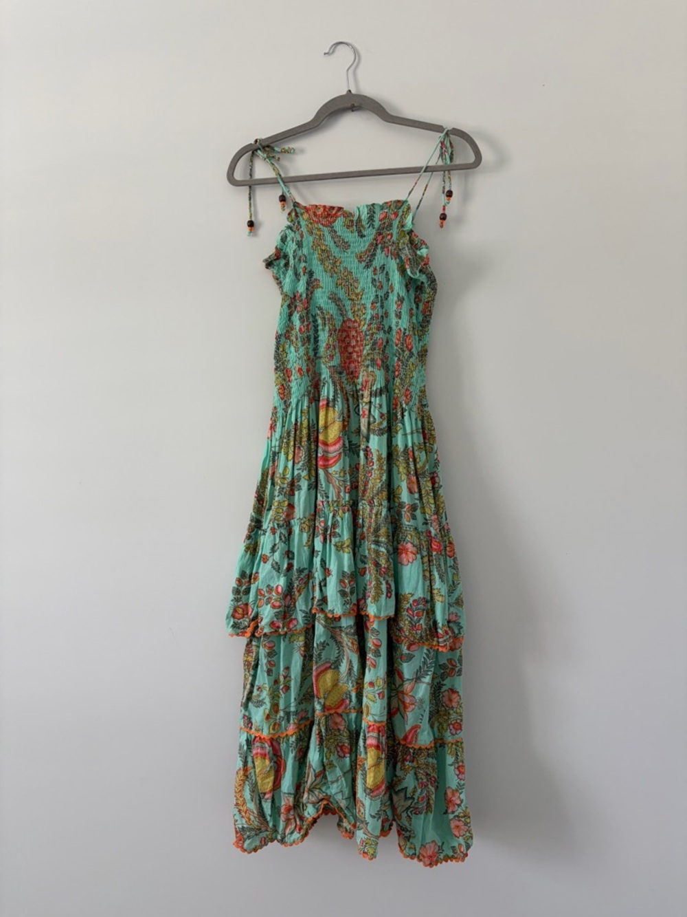 Isla Payal Teal Green Paisley Floral Tiered Smocked Boho Chic Maxi Dress XS